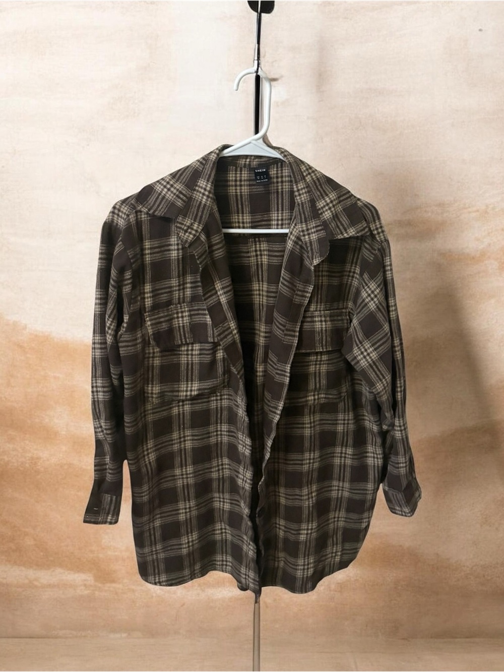 SHEIN Brown Plaid Button-Up Shacket Jacket
